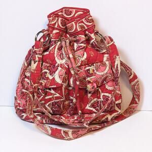 Vera Bradley Red Pink Quilted Drawstring Bucket Bag Crossbody Boho Rosy Posies